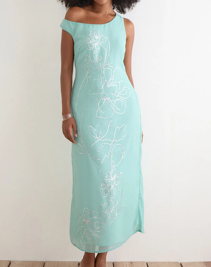 Robe longue Yelsa en mousseline à motifs floraux et paillettes, couleur turquoise