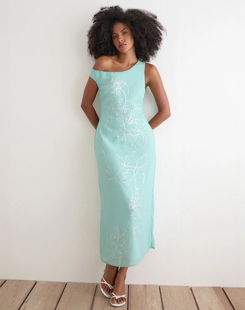 Robe longue Yelsa en mousseline à motifs floraux et paillettes, couleur turquoise