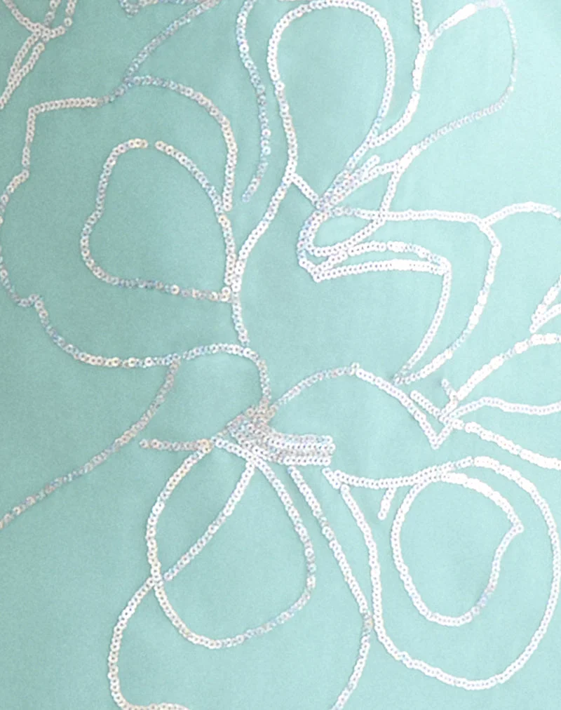 Robe longue Yelsa en mousseline à motifs floraux et paillettes, couleur turquoise