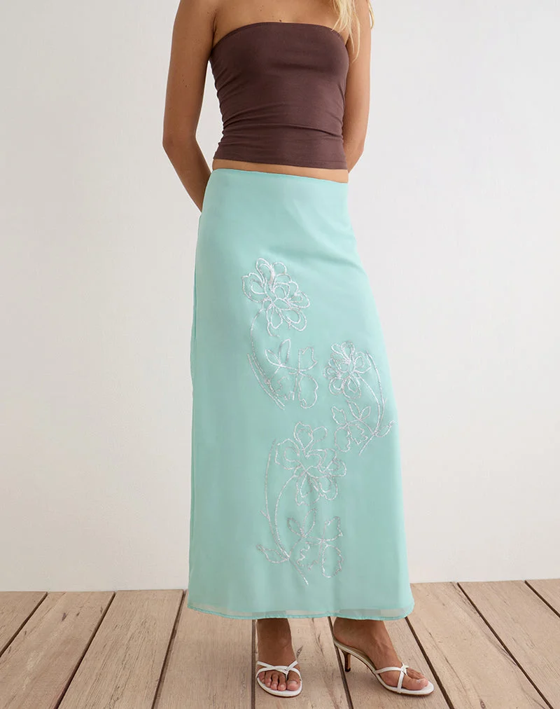 Jupe longue Larina en mousseline à motifs floraux et paillettes, couleur turquoise
