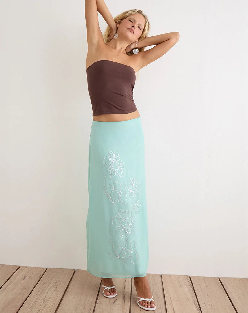 Jupe longue Larina en mousseline à motifs floraux et paillettes, couleur turquoise
