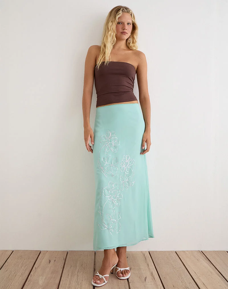 Jupe longue Larina en mousseline à motifs floraux et paillettes, couleur turquoise