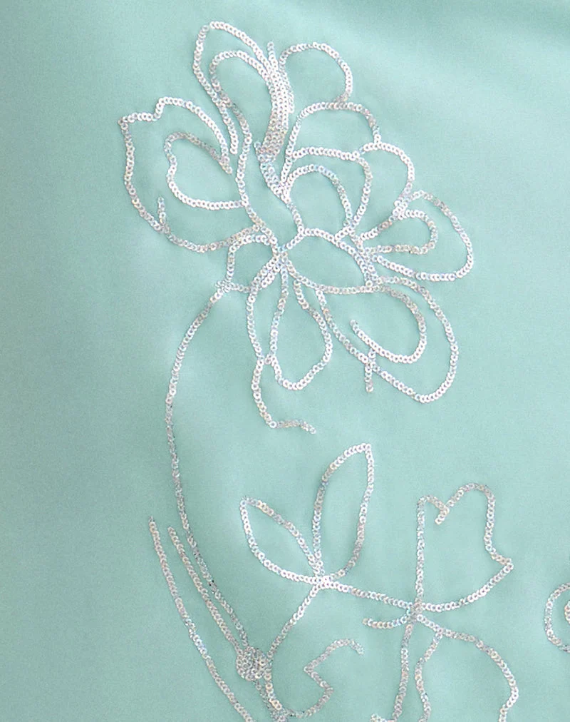 Jupe longue Larina en mousseline à motifs floraux et paillettes, couleur turquoise