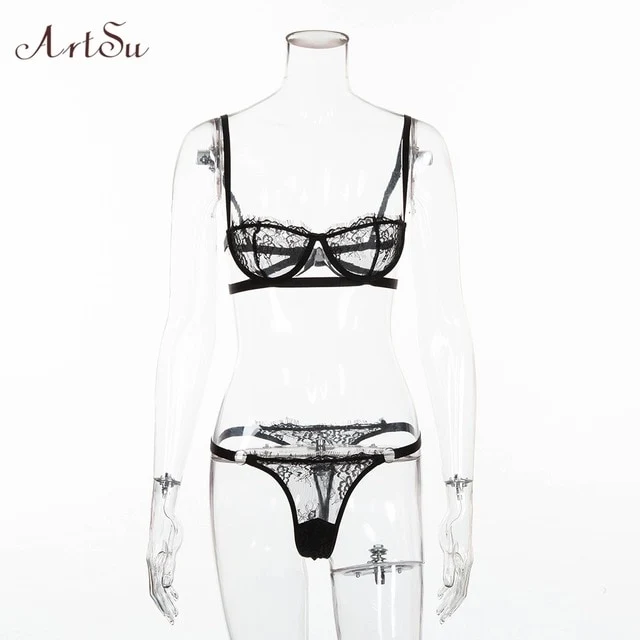 ArtSu Women Sexy Intimates Lingerie Set 2 Pieces Lace Bra And Panty Set Half Cup Bra Bodycon Bralette Lace Brief Set ASSU60148