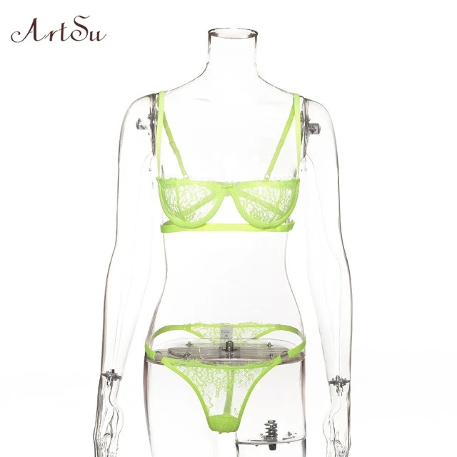 ArtSu Women Sexy Intimates Lingerie Set 2 Pieces Lace Bra And Panty Set Half Cup Bra Bodycon Bralette Lace Brief Set ASSU60148