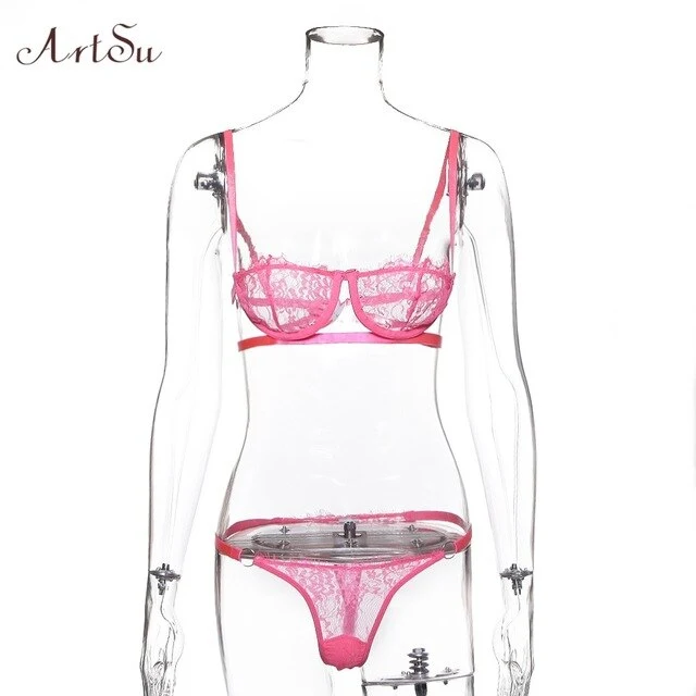 ArtSu Women Sexy Intimates Lingerie Set 2 Pieces Lace Bra And Panty Set Half Cup Bra Bodycon Bralette Lace Brief Set ASSU60148