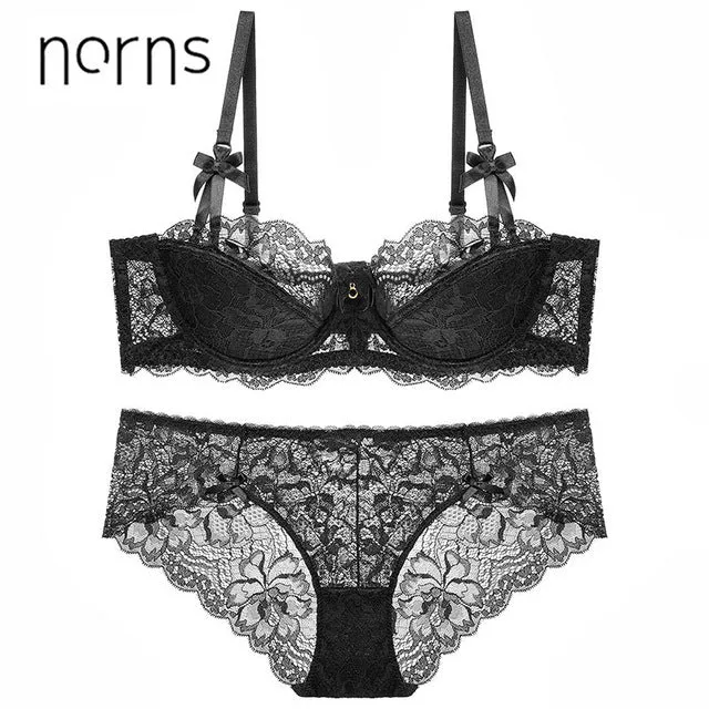 Norns new half cup Ultra-thin lace ladies underwear hollow lace embroidered push up bras women plus size underwear set