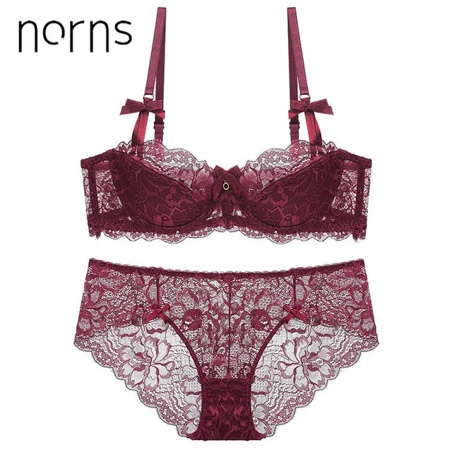 Norns new half cup Ultra-thin lace ladies underwear hollow lace embroidered push up bras women plus size underwear set
