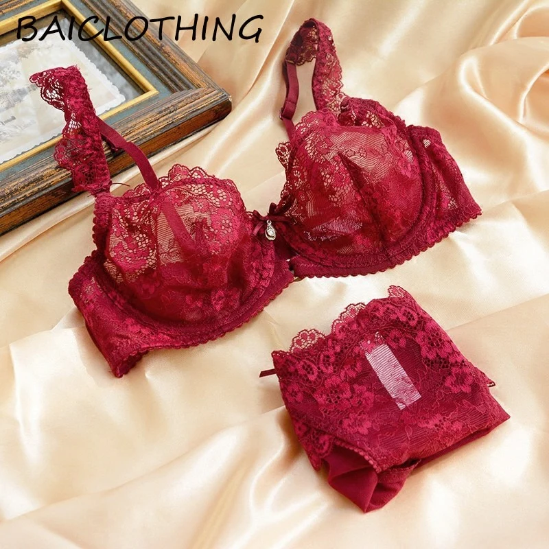 BAICLOTHING Womens Big Size Transparent Lace Floral Underwire Bra & Panty Lingerie Ultra-thin Bra Set 32 34 36 38 40 42 A B C D