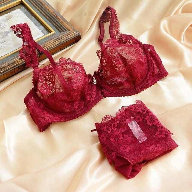 BAICLOTHING Womens Big Size Transparent Lace Floral Underwire Bra & Panty Lingerie Ultra-thin Bra Set 32 34 36 38 40 42 A B C D