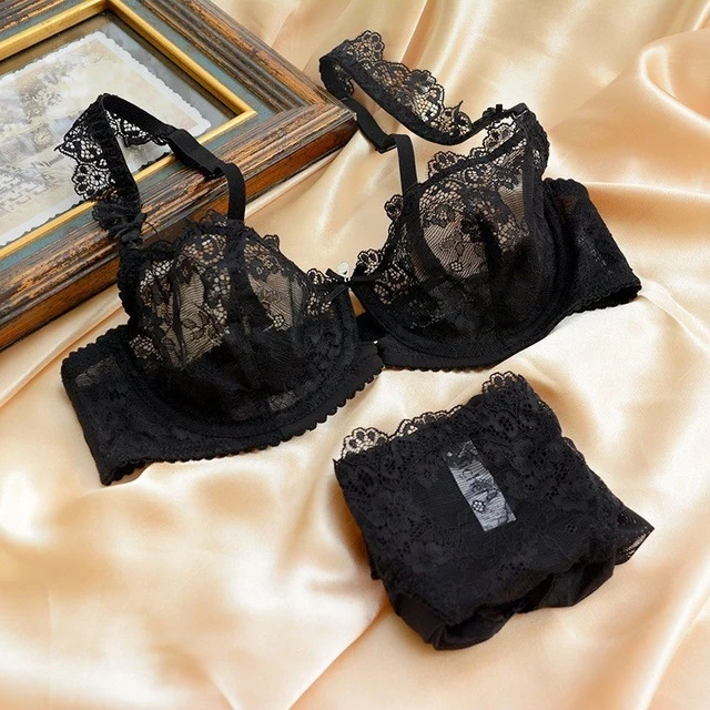 BAICLOTHING Womens Big Size Transparent Lace Floral Underwire Bra & Panty Lingerie Ultra-thin Bra Set 32 34 36 38 40 42 A B C D