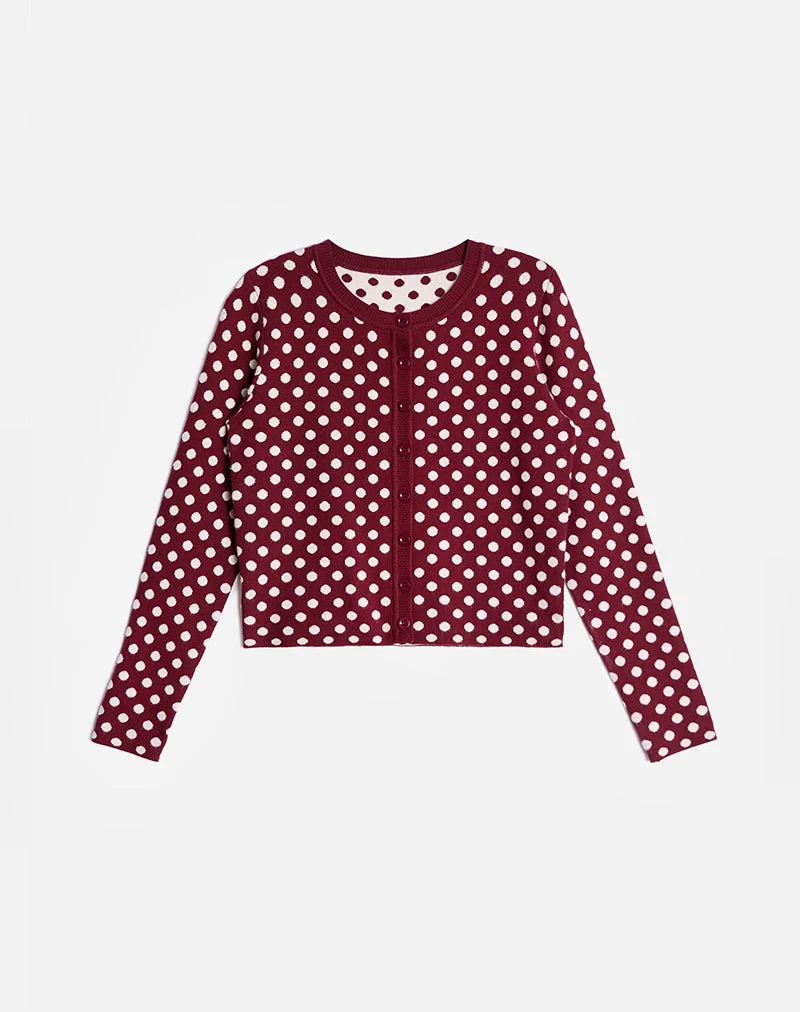 Cardigan Bhavina en bourgogne avec imprimé à pois crème