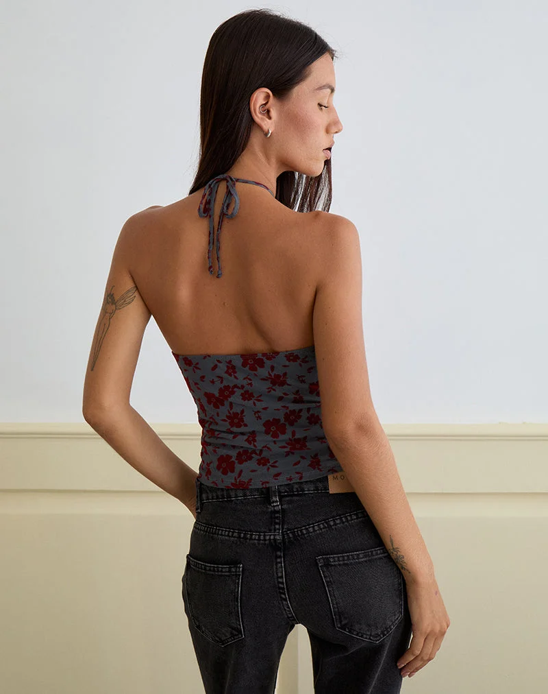 Arira Halter Top in Garden Floral Blue Grey
