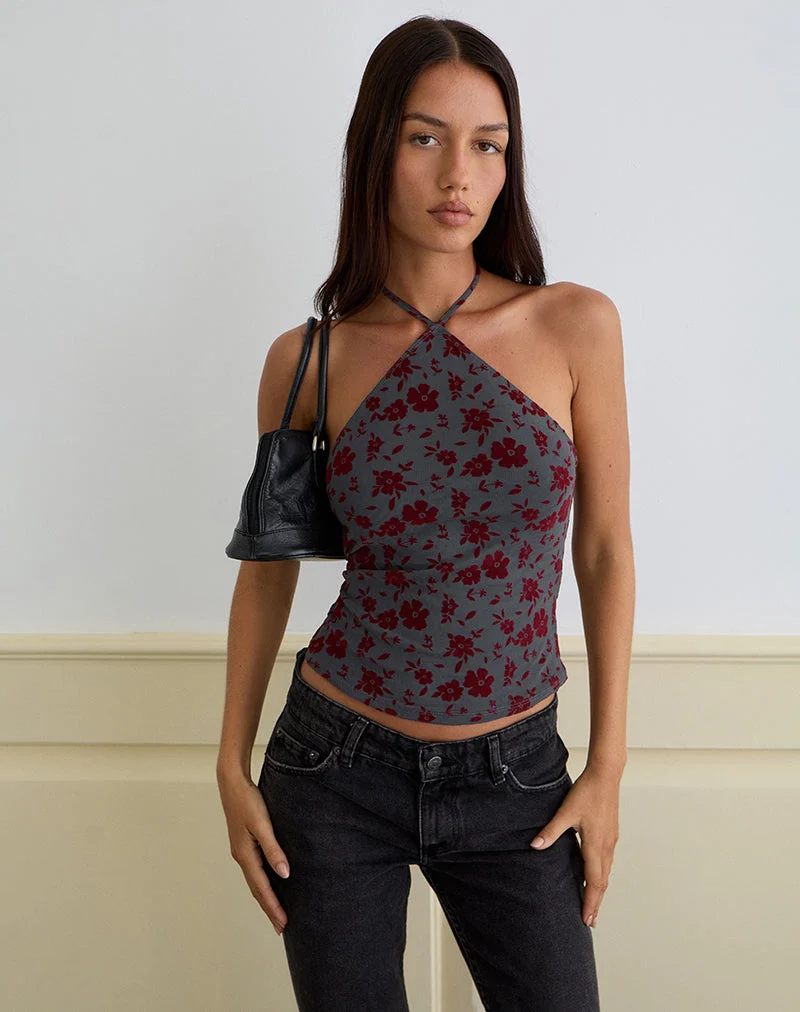 Arira Halter Top in Garden Floral Blue Grey