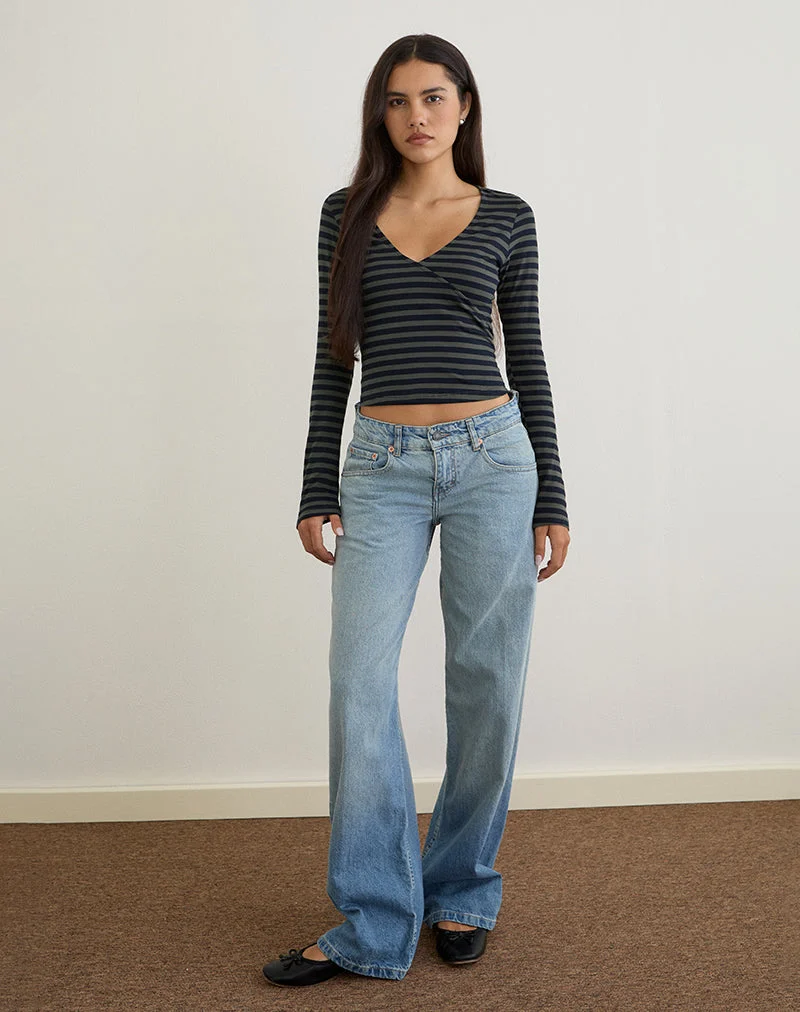 Dulcet Ribbed Plunge Top in Classic Striped Navy and Grey (Top plongeant côtelé à rayures classiques, marine et gris)