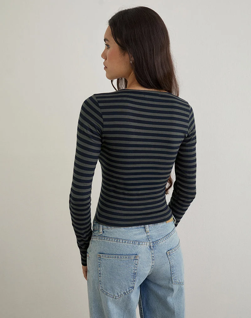 Dulcet Ribbed Plunge Top in Classic Striped Navy and Grey (Top plongeant côtelé à rayures classiques, marine et gris)