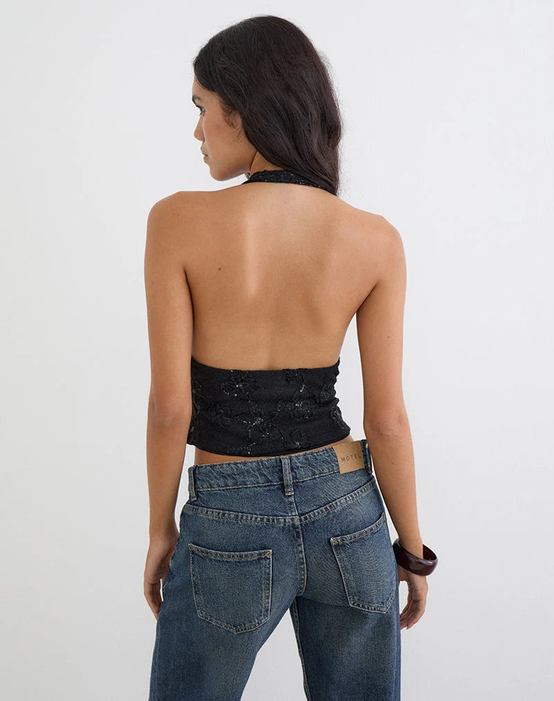 Halter-top Cosio en maille à paillettes, noir