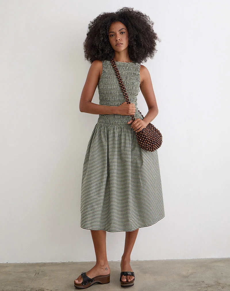 Robe mi-longue Undine en vichy mini vert foncé