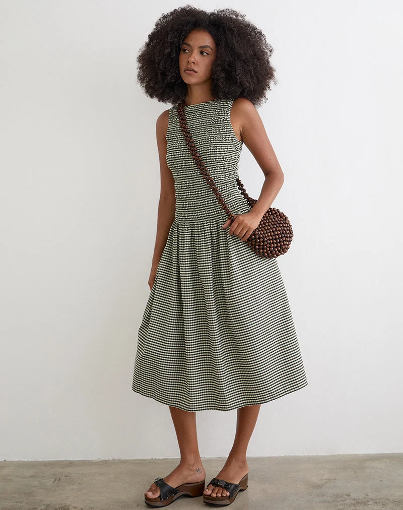 Robe mi-longue Undine en vichy mini vert foncé