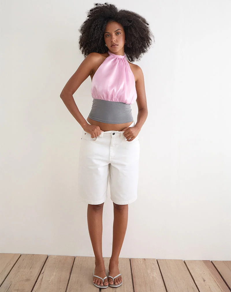 Haut dos nu Rania en organza de satin rose avec contrastes gris