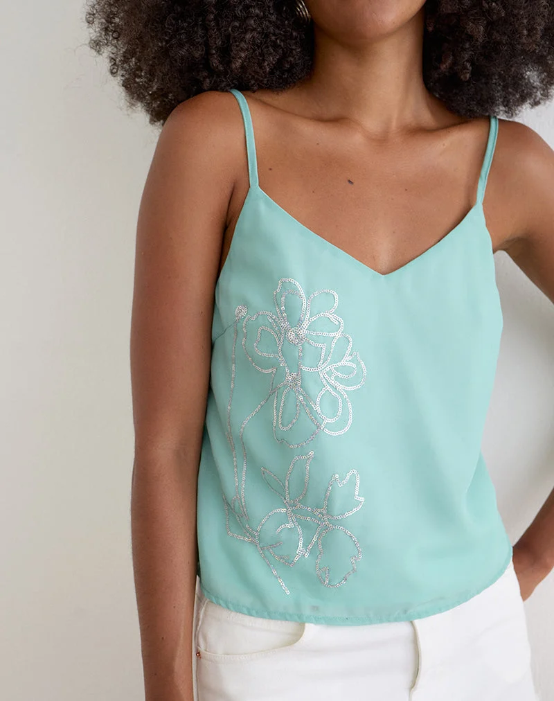 Haut Tavina en mousseline à motifs floraux et paillettes, couleur turquoise
