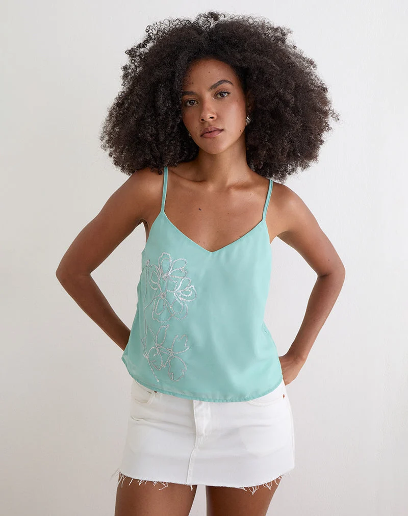 Haut Tavina en mousseline à motifs floraux et paillettes, couleur turquoise