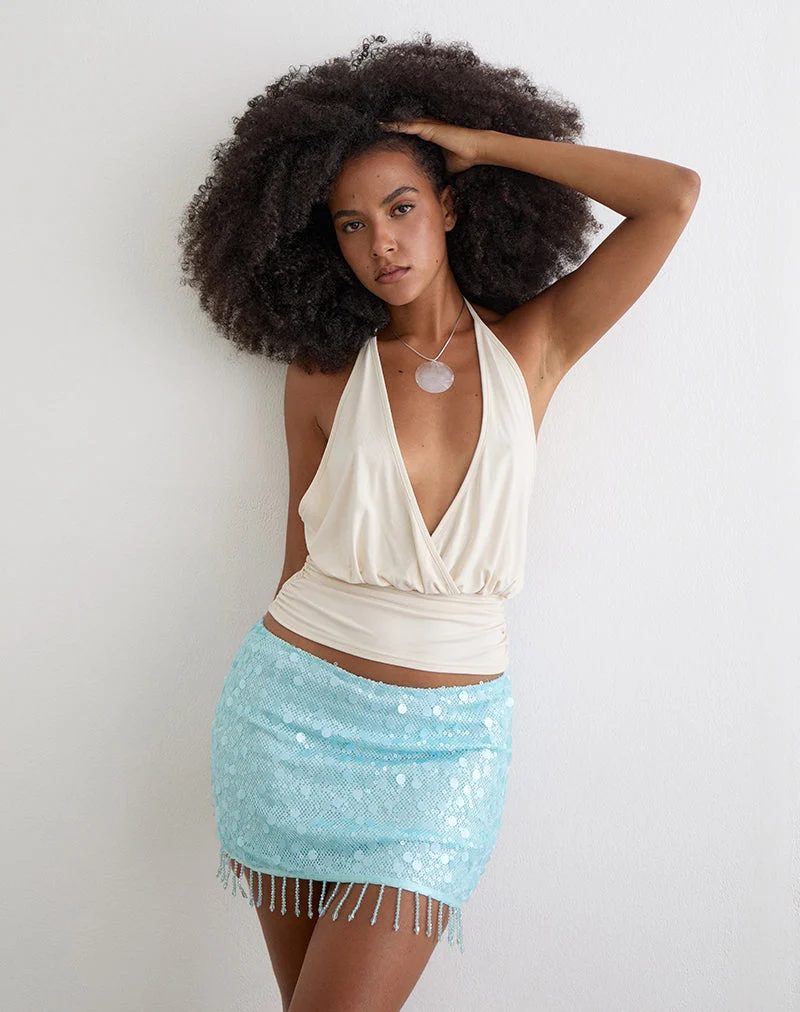 Mini-jupe Gasenda en tulle à paillettes bleues avec ourlet orné de perles