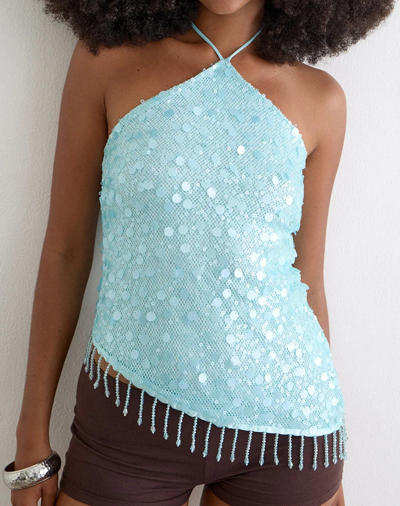 Haut Arlela en tulle à paillettes bleu avec ourlet orné de perles