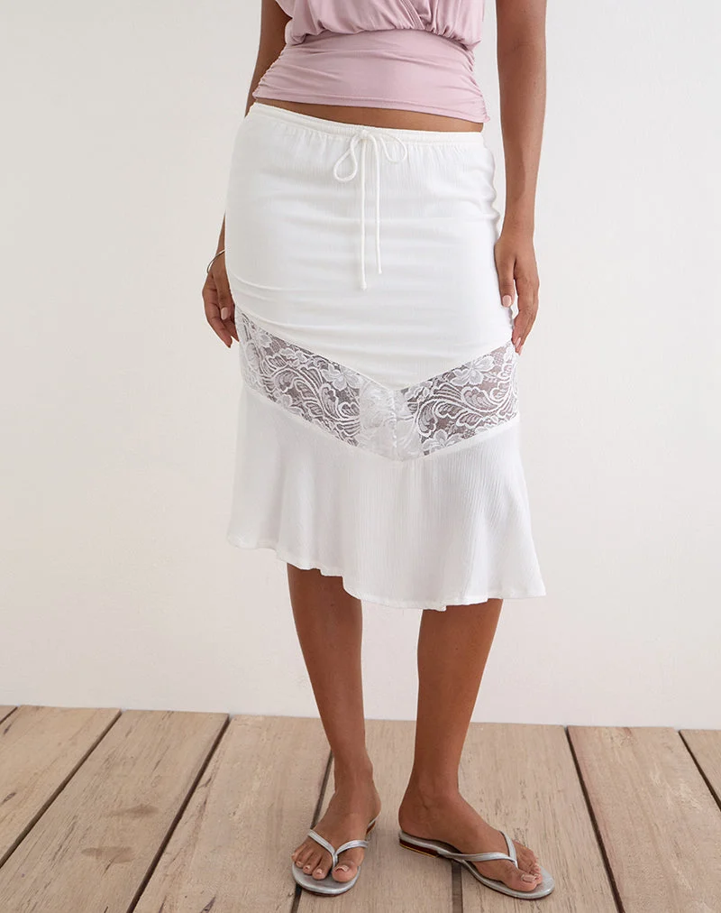 Jupe mi-longue Linus avec empiècement en dentelle, couleur blanc cassé froissé
