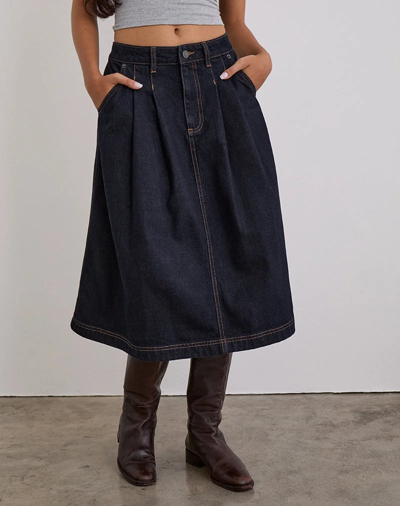 Jupe midi plissée en denim, indigo