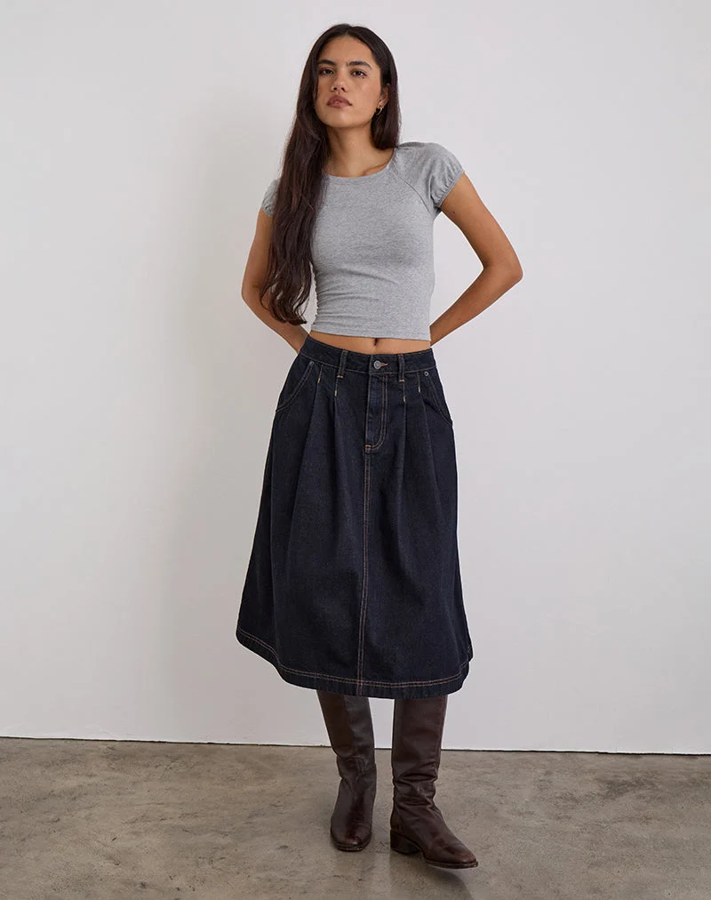 Jupe midi plissée en denim, indigo