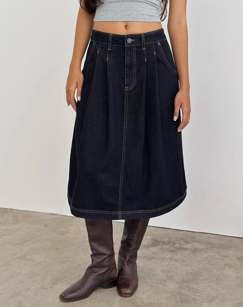 Jupe midi plissée en denim, indigo