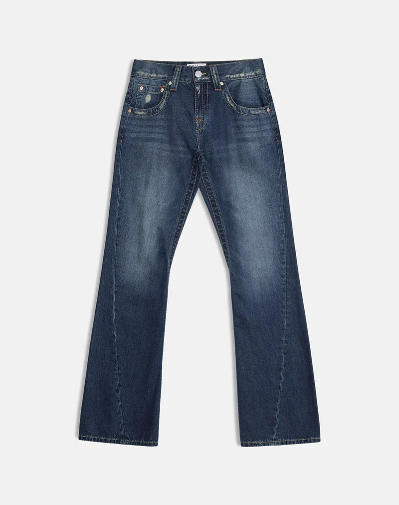 Jean taille basse à coutures torsadées, coloris bleu moyen