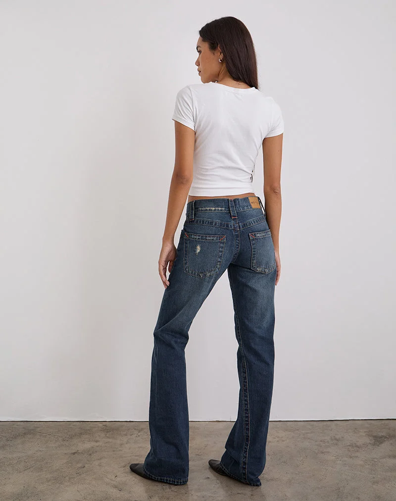 Jean taille basse à coutures torsadées, coloris bleu moyen
