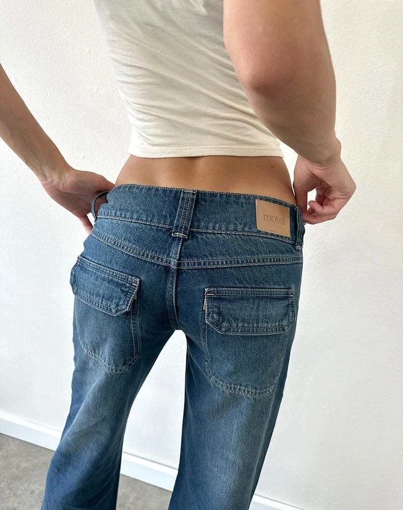 Jean cargo décontracté à taille basse, teinte bleu moyen