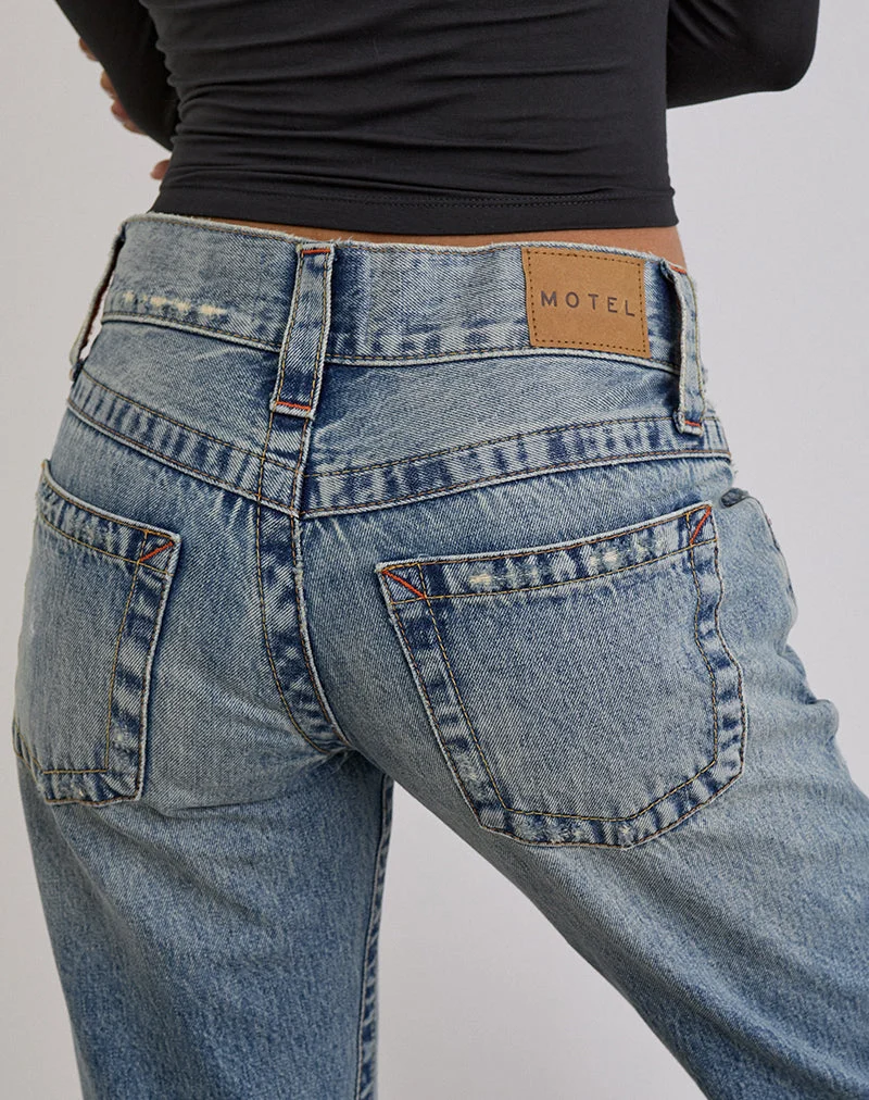 Jean déchiré à coutures torsadées, taille basse, en bleu ciel