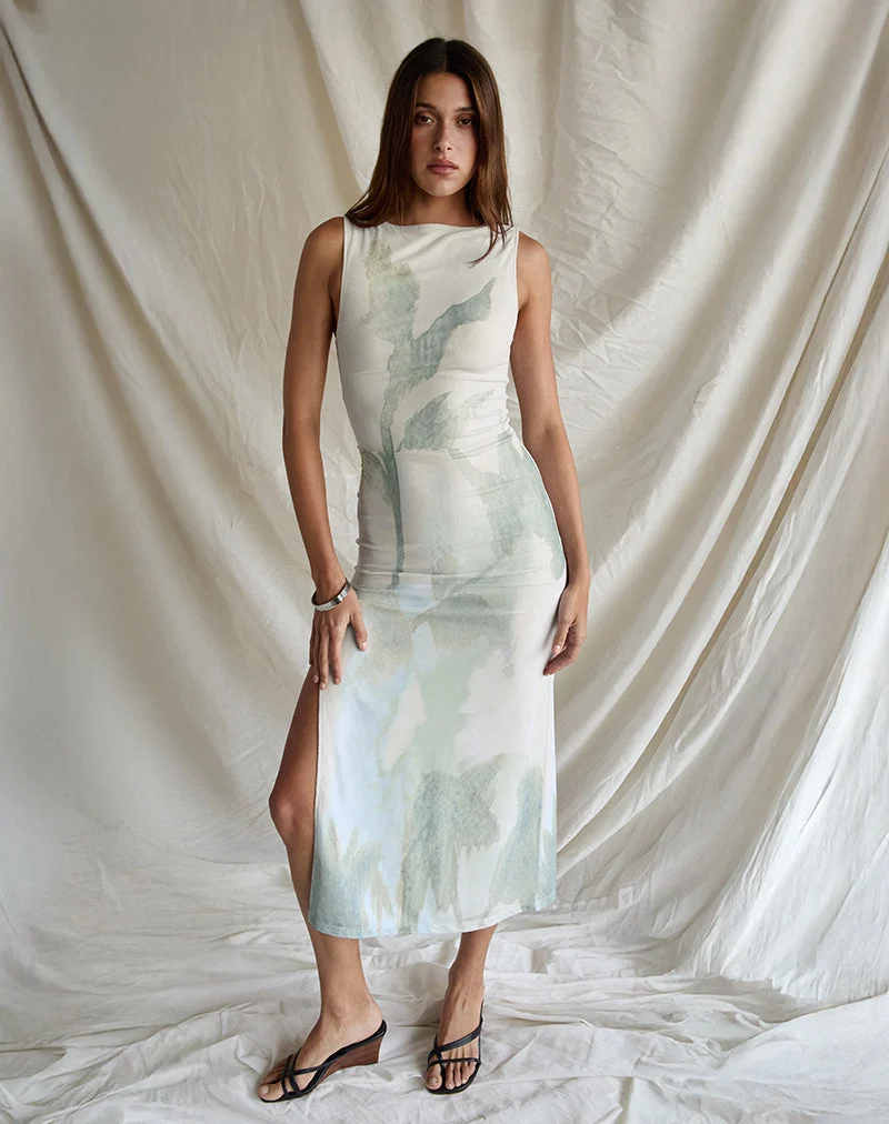 Flo Midi Dress in Abstract Painted Flower Blue