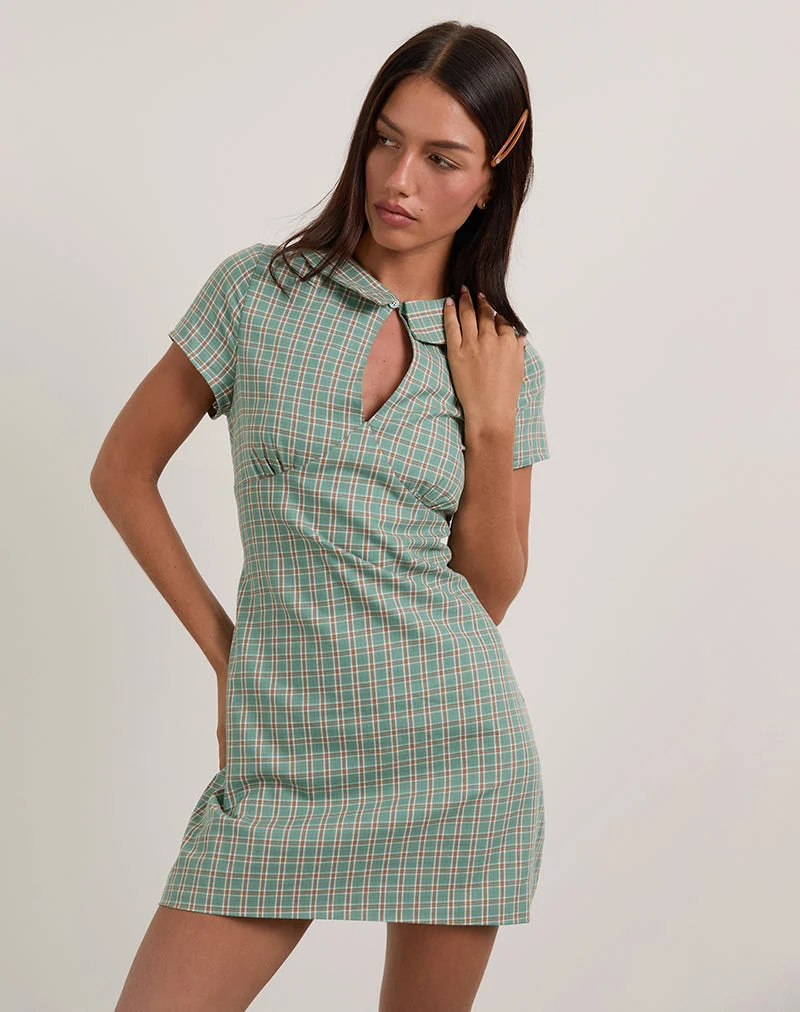 Medora Keyhole Mini Dress in Teal Check (Mini robe avec trou de serrure, carreaux sarcelle)