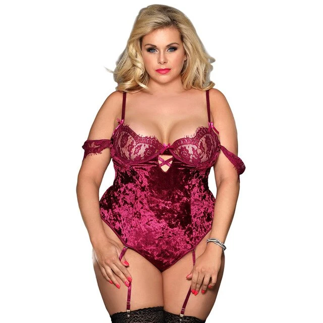 Women Bodysuit 7XL Plus Size Ladies Bodysuit Velvet Skinny Sexy Lace Romper Steel Ring Off Shoulder Summer Body Feminino RW80604