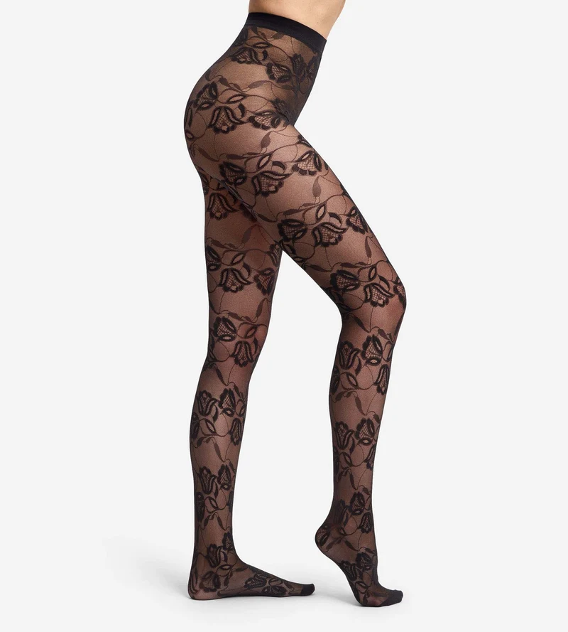 Collant fantaisie motif floral Tulipe velours noir Style