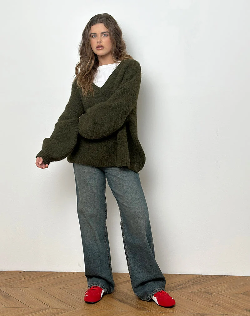 Asato Chunky V Neck Jumper in Brushed Khaki