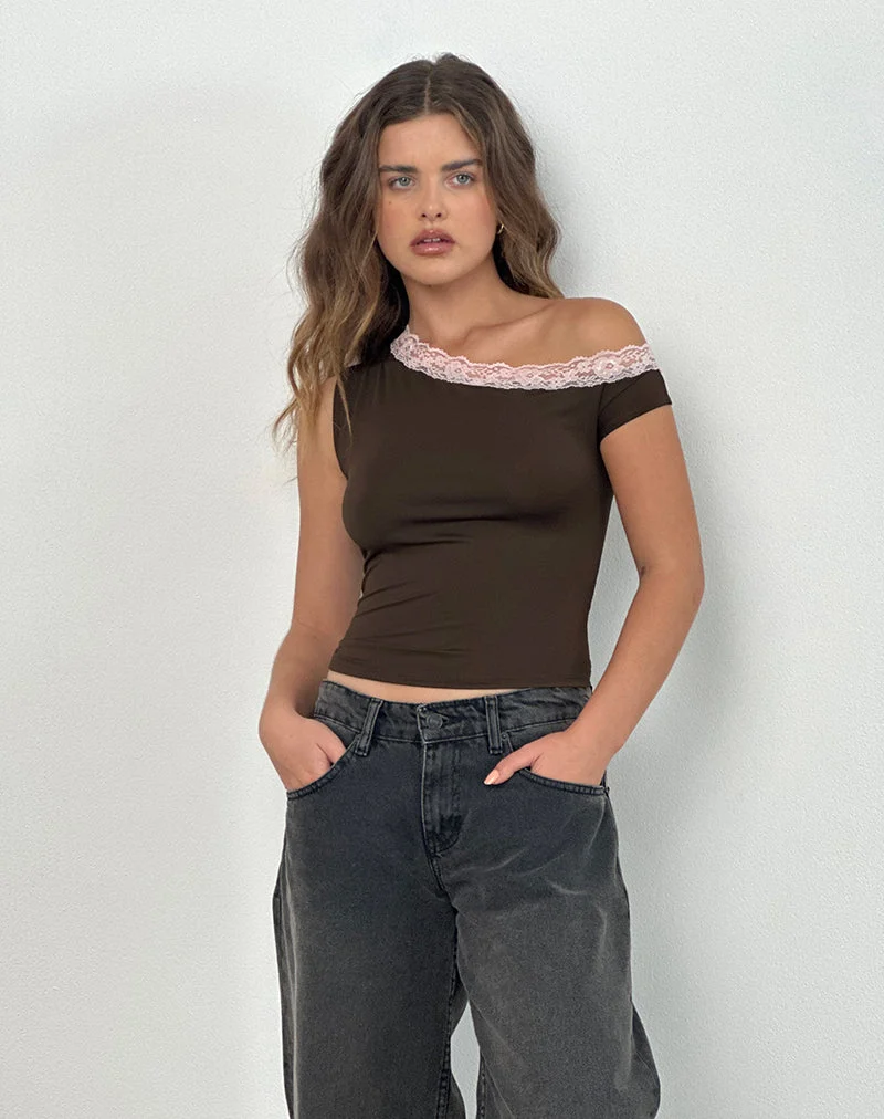 Soleh One Shoulder Top in Brown Slinky with Pink Lace (Top asymétrique marron avec dentelle rose)