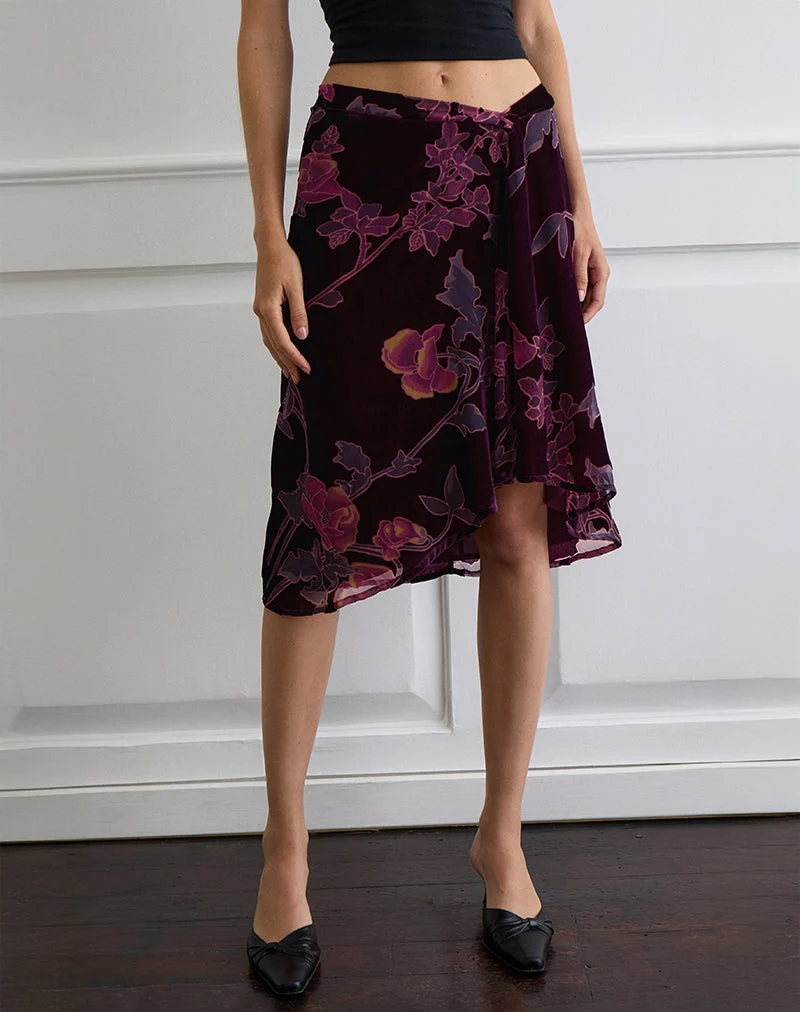 Jupe midi Esti, florale Devore Burgundy