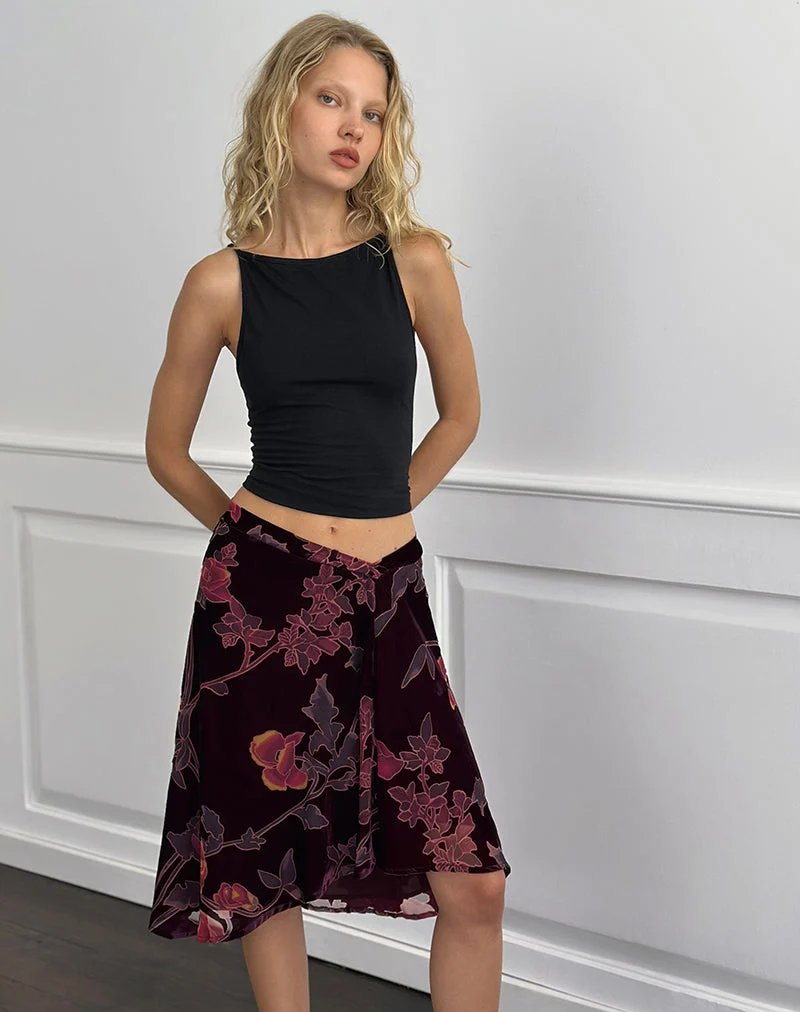 Jupe midi Esti, florale Devore Burgundy