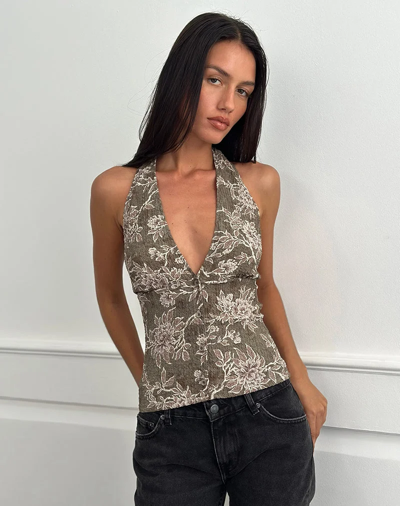 Mabli Halterneck Top in Textured Woven Floral Green (Top dos nu en tissu floral texturé)