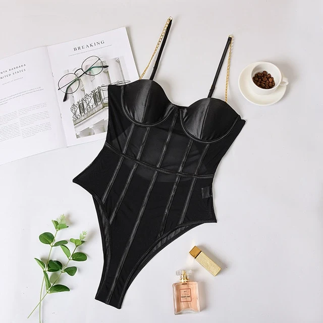 ArtSu Metal Chain Straps Backless Bodysuit Black Mesh Transparent Bodysuit Bralette Women Bodycon Jumpsuit Club Party ASJU601202