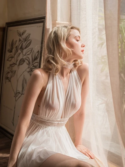 Women Sleepwear Sexy Sleeping Nightdress Lace Waistband Marilyn Monroe Costume Dress Lace Sling Fairy Young Girl Night Gown