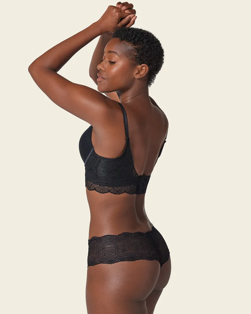 Culotte hipster taille basse en dentelle avec empiècements transparents et bords arrondis