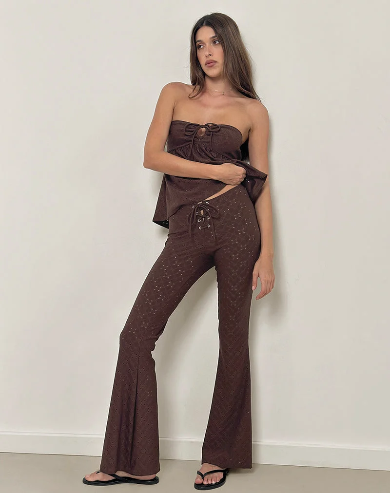 Pantalon évasé Dan Tie Front en broderie marron