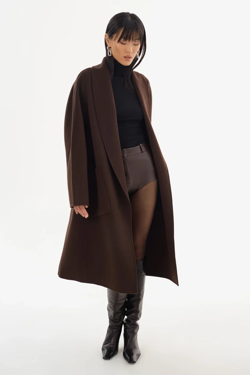 Manteau long en laine double face à col châle Thara